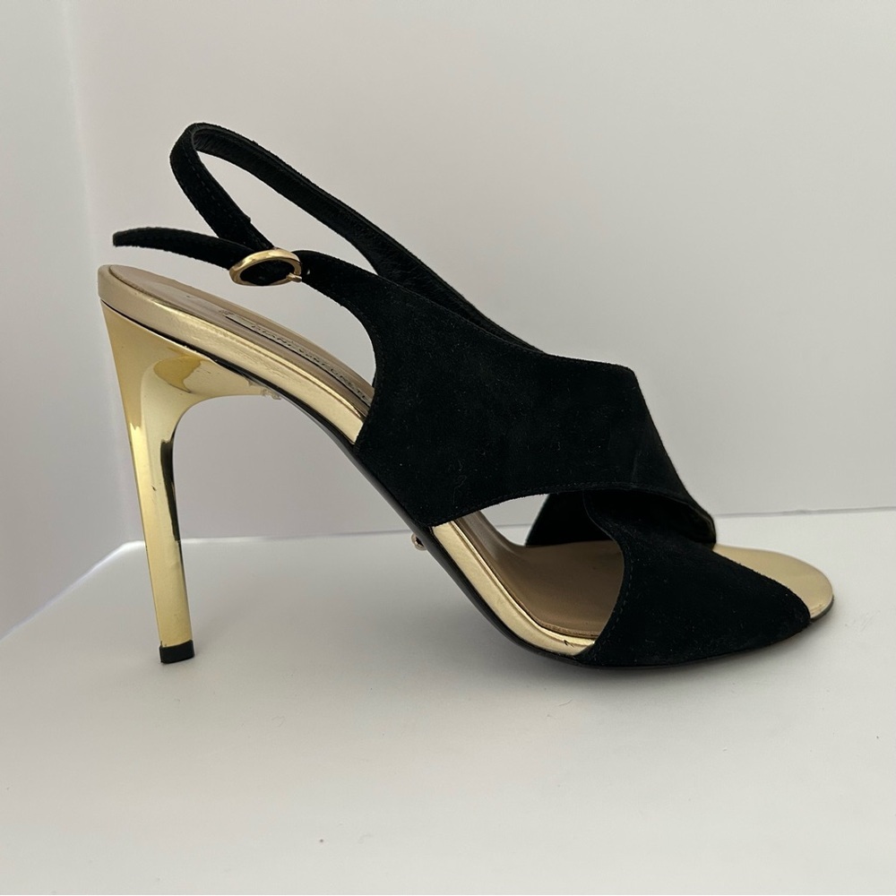 Diane Von Furstenberg Vick Heels Sandal Black Suede Gold Sculpted Heel Size 6.5